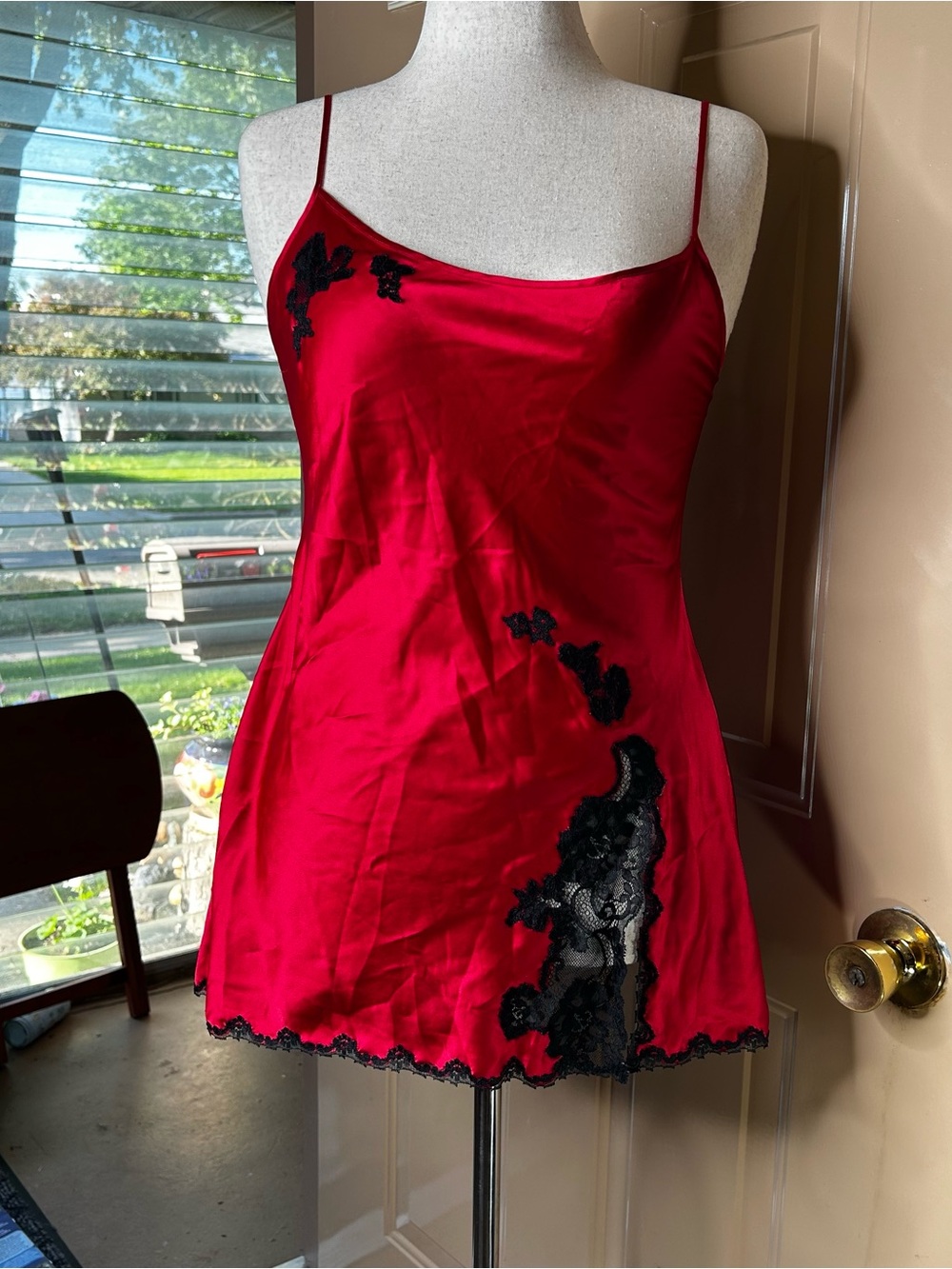 Victoria's Secret Red Satin Slip with Black Lace Appliqué